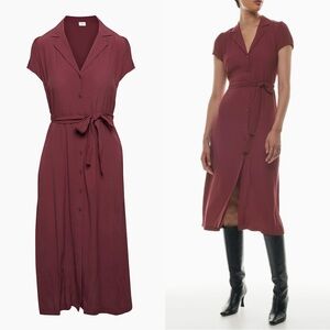 Aritzia Wilfred Crepe Button Up Midi Shirt Dress Burgundy Medium